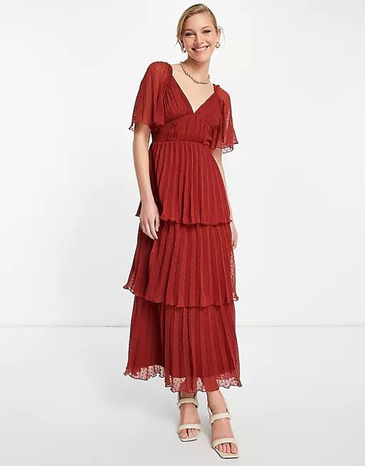 ASOS DESIGN pleated textured midi dress with tiered skirt in rust | ASOS (Global)