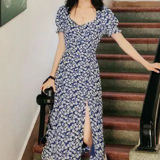 Puff-Sleeve Floral Print Midi A-Line Dress | YesStyle Global