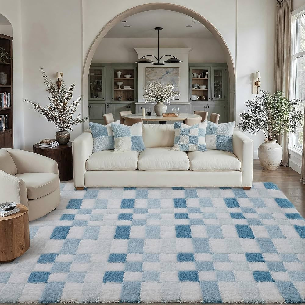 WondRg 6x9 Checkered Fluffy Area Rug for Living Room Bedroom Blue Kids Room Carpet High Pile Wash... | Amazon (CA)