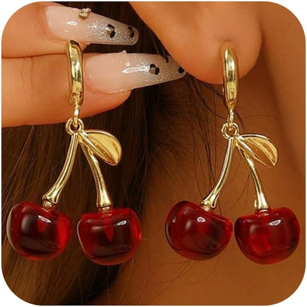 Charming Red Crystal Cherry Fruit Earrings for Women Vintage, Lovely Statement Cherries Gold Leaf... | Amazon (US)