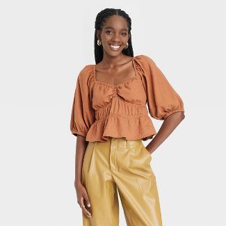 Women's Puff Elbow Sleeve Linen Shirt - A New Day™ | Target