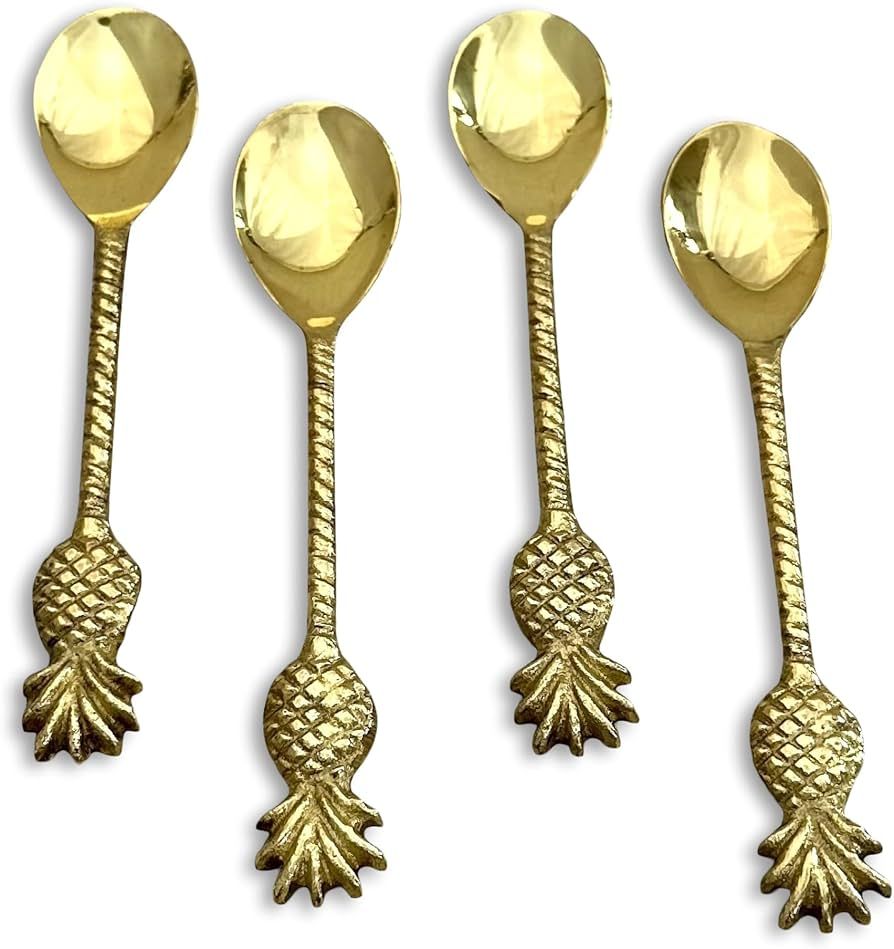 Tropical Pineapple Fruit, Gold Tone 5.5 Inch Stainless Steel Coffee/Dessert Spoon; Set of 4 | Amazon (US)