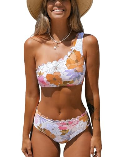 CUPSHE Women's Bikini Sets Two Piece Bathing Suit One Shoulder Scalloped Wide Strap Back Hook | Amazon (US)