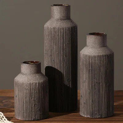 Farmhouse Ceramic Vase Set Of 3, Vintage Ribbed Flower Vases For Home Decor, Rustic Centerpiece For Living Room, Shelf, Dining Table, And Farmhouse St | Wayfair North America