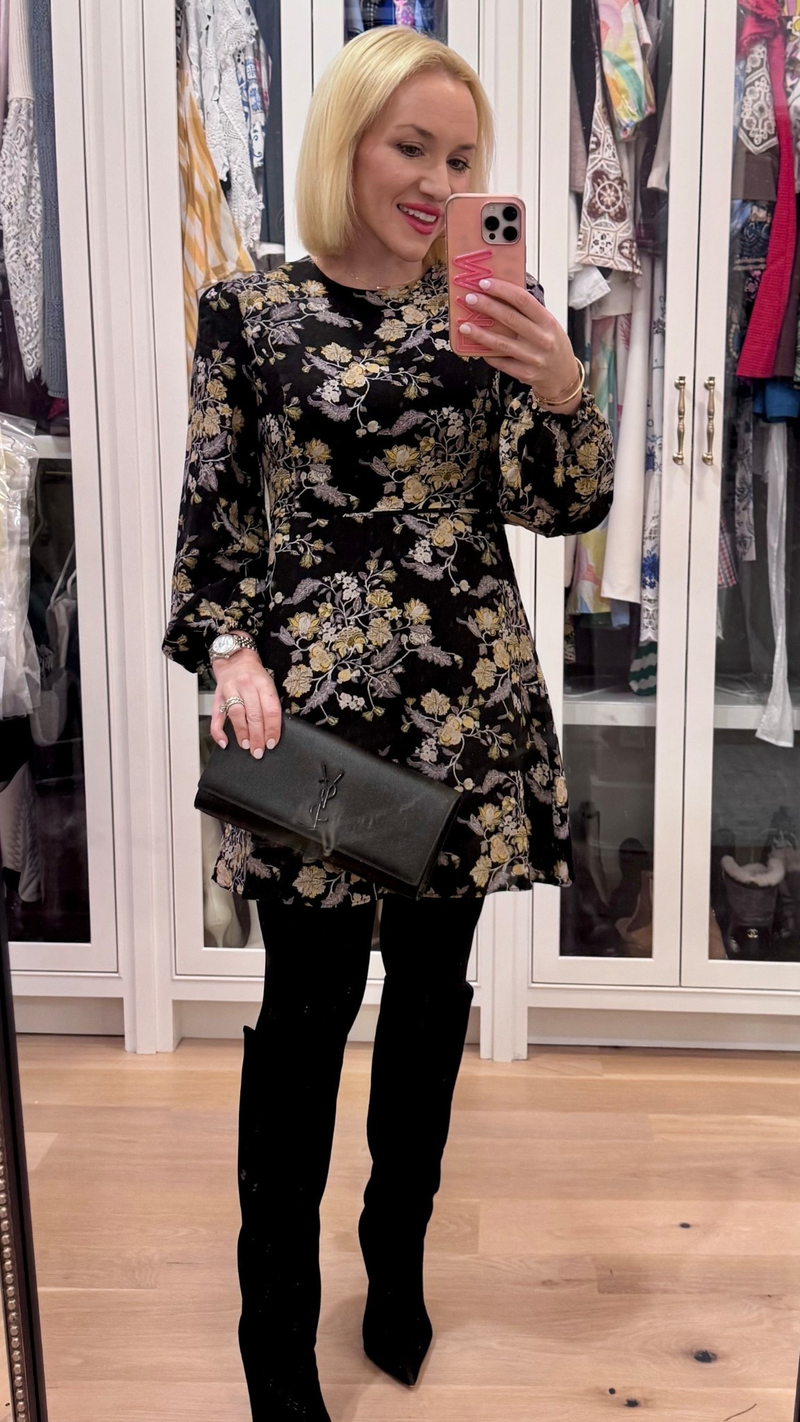 Black mini floral dress. Tuckernuck. Size XS. Petite style. Black boots. Winter look. Wintertime. 

#LTKPetite #LTKSeasonal