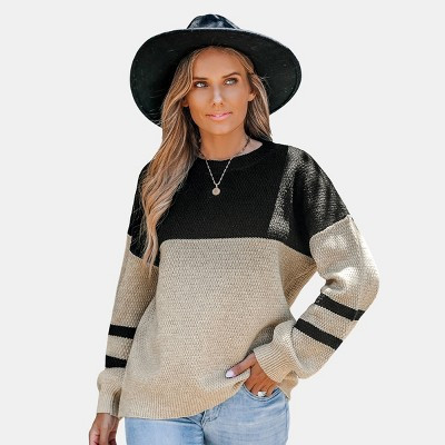 Women's Chic Color Block Black and Beige Knit Sweater - Cupshe-S-Black&Beige | Target