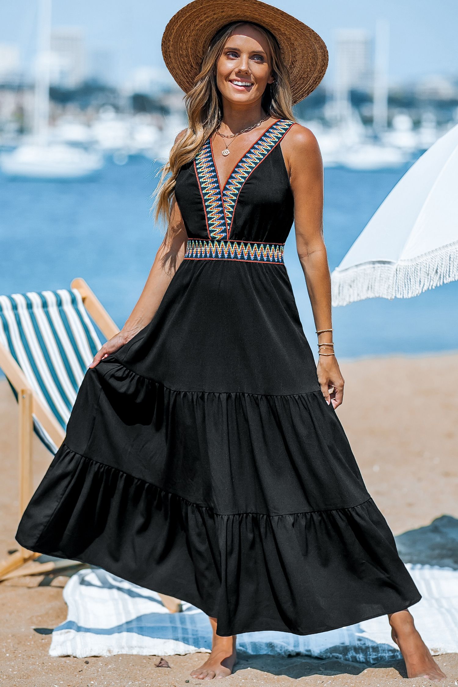 Black Boho Sleeveless V-Neck Maxi Dress | Cupshe US