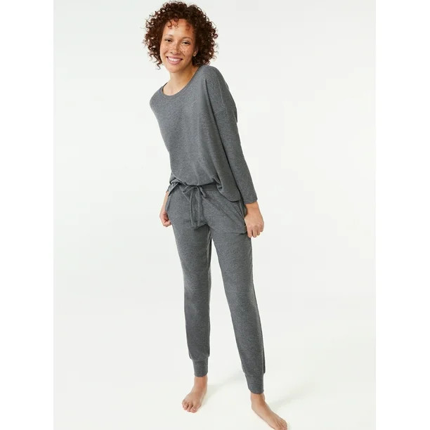 Joyspun Women's Long Sleeve Top and Jogger Pajama Set, 2-Piece, Sizes up to 3X - Walmart.com | Walmart (US)