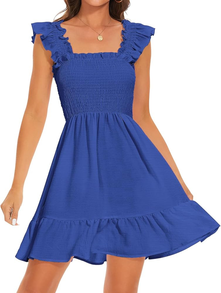 ROYLAMP Women's Smocked Dresses Square Neck Elegant Tiered Boho Ruffle Shoulder Swing Flowy Summe... | Amazon (US)