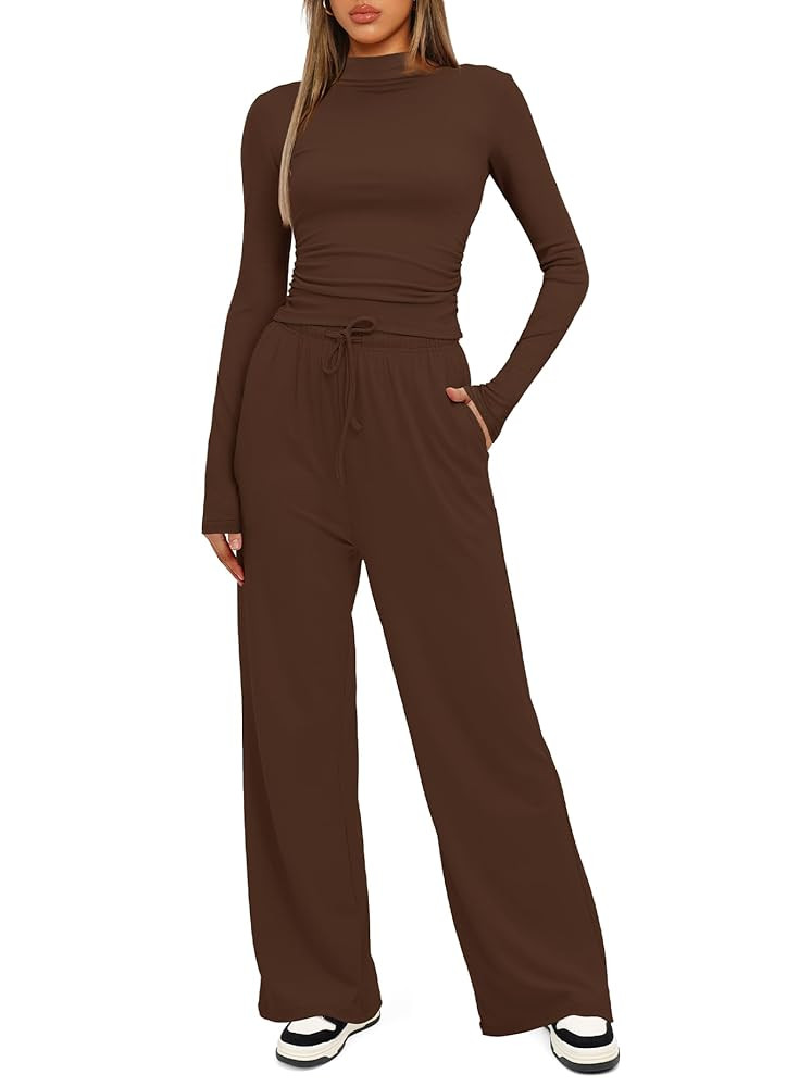 Darong Women's 2 Piece Outfits Lounge Sets Long Sleeve Mock Neck Tops High Wasited Wide Leg Pants... | Amazon (US)