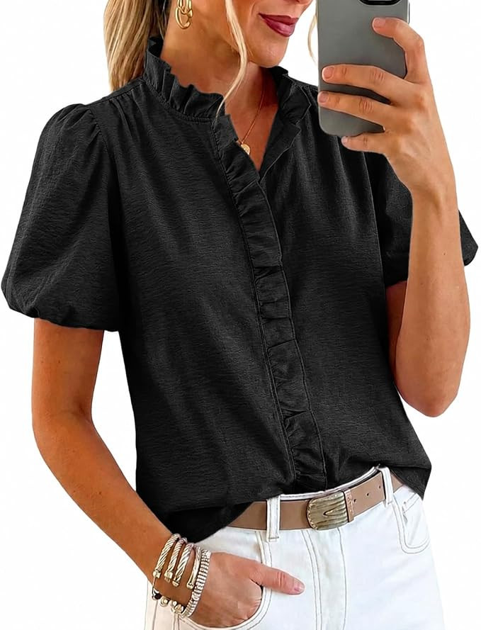 Womens Short Puff Sleeve Button Down Shirts Striped Ruffle Stand Collar Blouse Business Casual Pr... | Amazon (US)