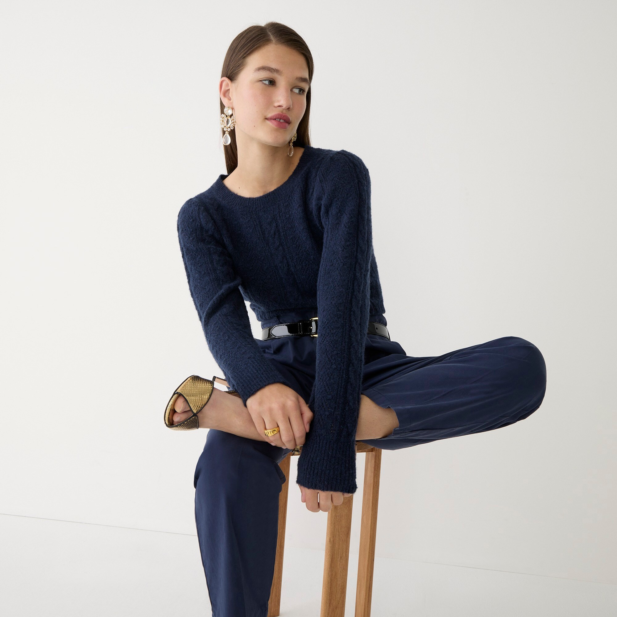 Pointelle cable-knit crewneck sweater | J. Crew US