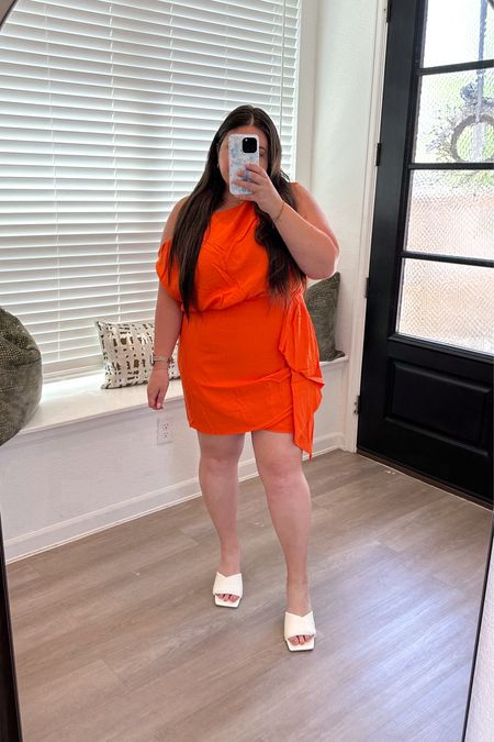 Beach dress. Beach outfit. vacation outfit. Beach vacation outfit. Orange dress. Linen dress. Beach wedding guest dress. Cocktail dress. Summer cocktail dress. White heels 

#LTKwedding #LTKfindsunder100 #LTKSeasonal