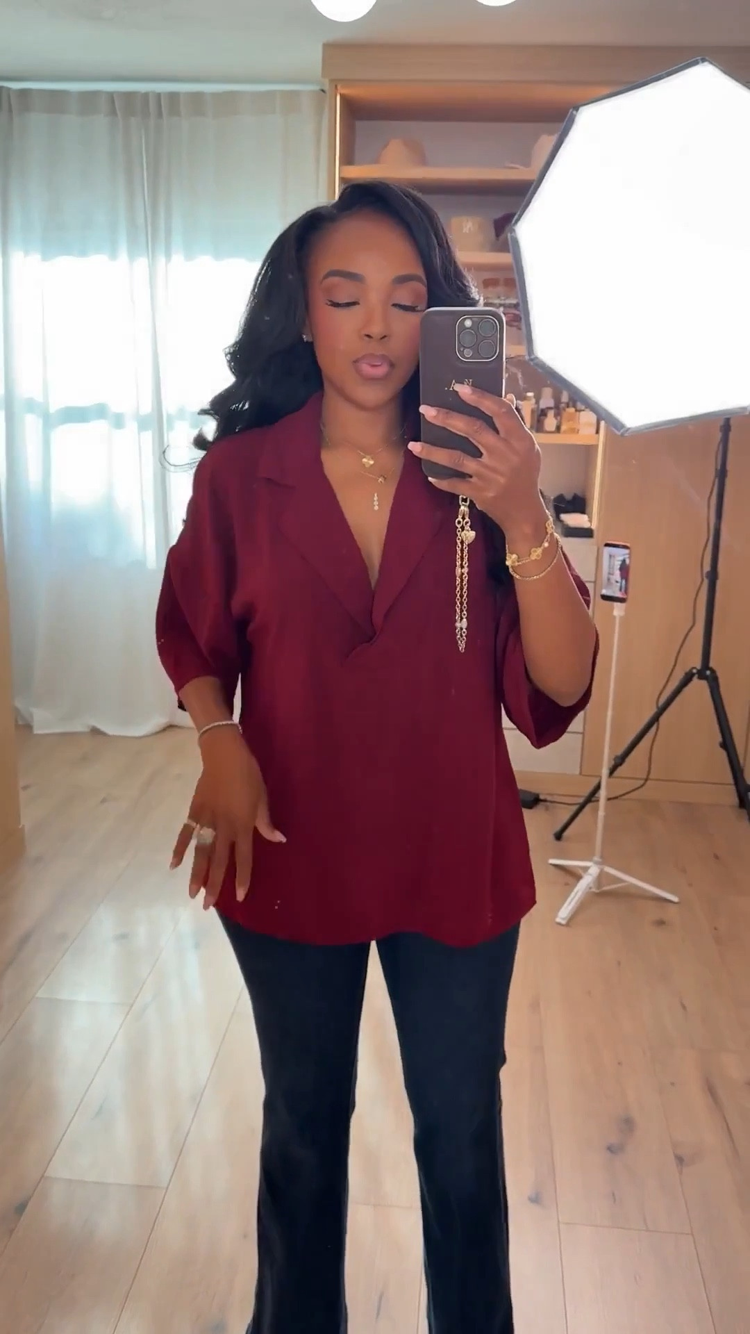 Scroll to shop!! 🤍 Everyday look featuring a flowy burgundy blouse paired with dark wash flare denim would be perfect for casual office days, dinner plans, weekend outings, or an easy elevated everyday outfit.

#LTKootd #LTKgrwm #LTKPetite