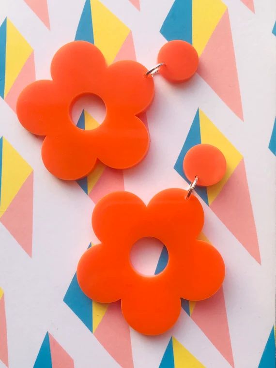 Large Flower Power Earrings Bright Orange Acrylic  60s | Etsy | Etsy (US)