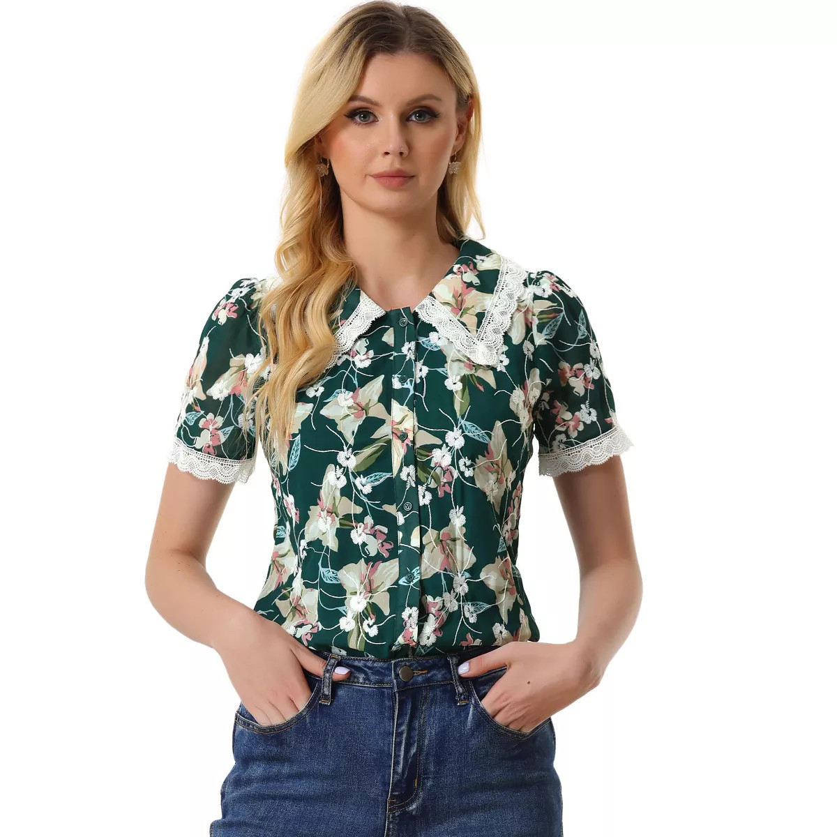 INSPIRE CHIC Women's Peter Pan Collar Lace Trim Embroidered Casual Floral Blouse | Target