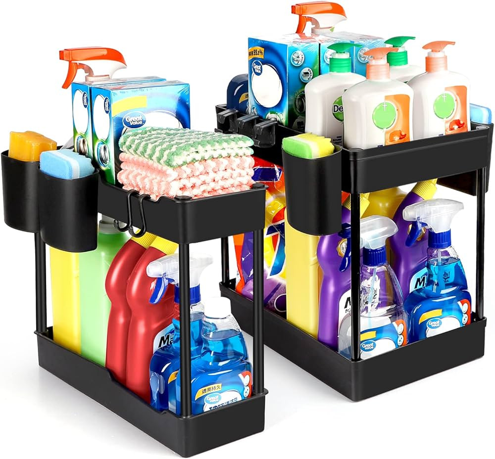 2 Pack Under Sink Organizer- 2 Stackable Rack Organizer Tier Bathroom Under the Sink Organizers M... | Amazon (US)