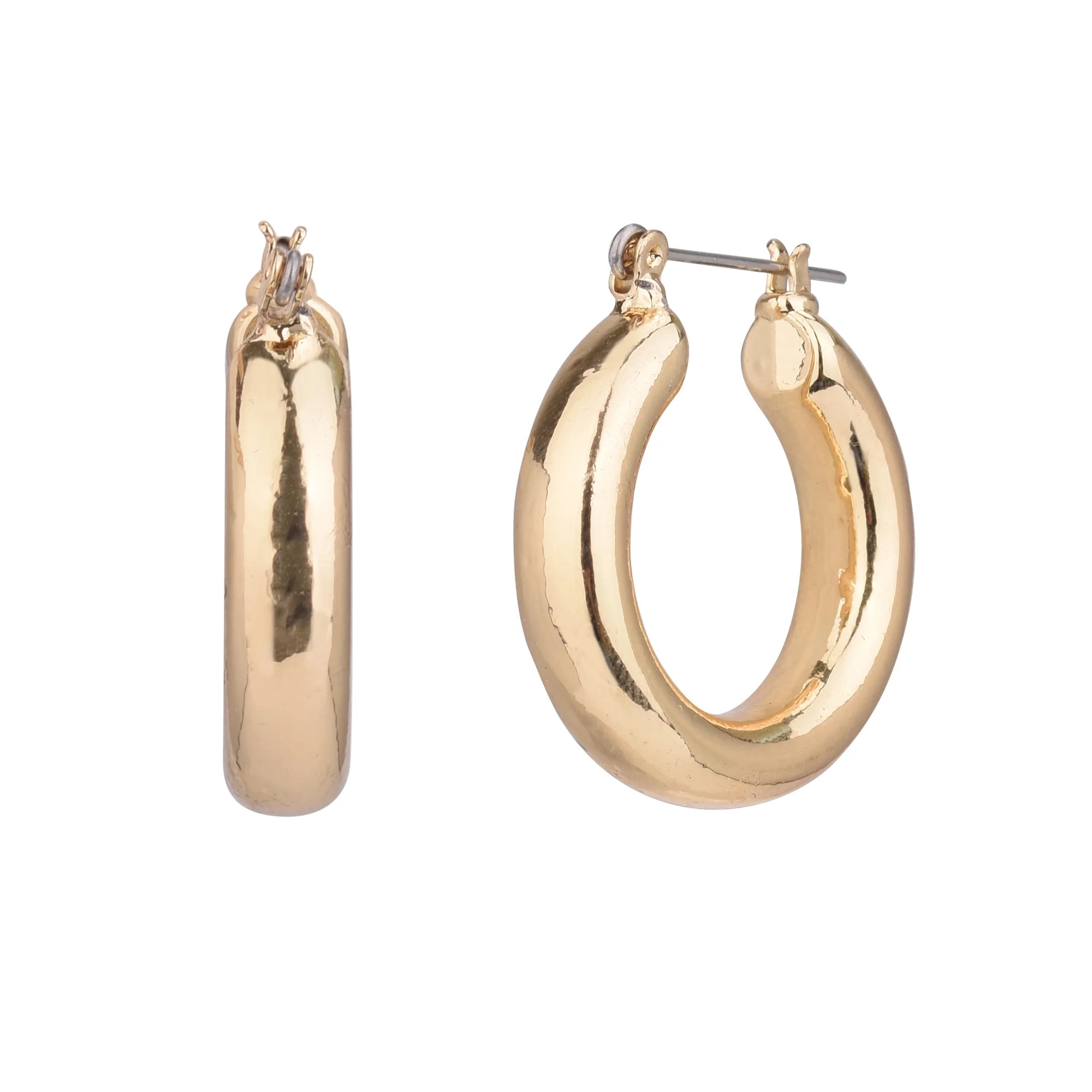 Time and Tru Women's Gold Tone Medium Wide Metal Hoop Earring - Walmart.com | Walmart (US)