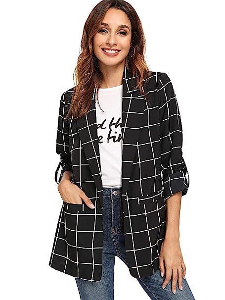 Milumia Women's Open Front Blazer Shirt Casual Plaid Roll Up Sleeve Jacket with Pocket | Amazon (US)