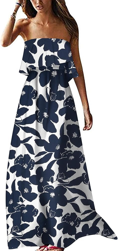 ZMPSIISA Women's Summer Off The Shoulder Maxi Dress Ruffle Strapless Blue White Porcelain Boho Ca... | Amazon (US)