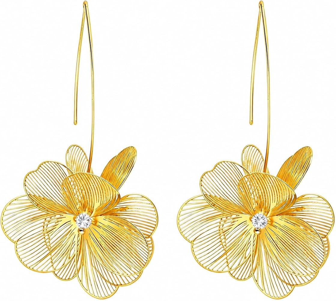 Gold Flower Earrings for Women, Floral Dangle & Hoop Earrings, Lightweight Statement Jewelry Gift | Amazon (US)