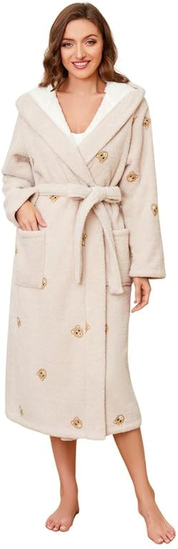 Womens Hooded Plush Robes, Soft Cute Warm Fleece Bathrobe for Women Long Embroidered Ladies Loung... | Amazon (US)