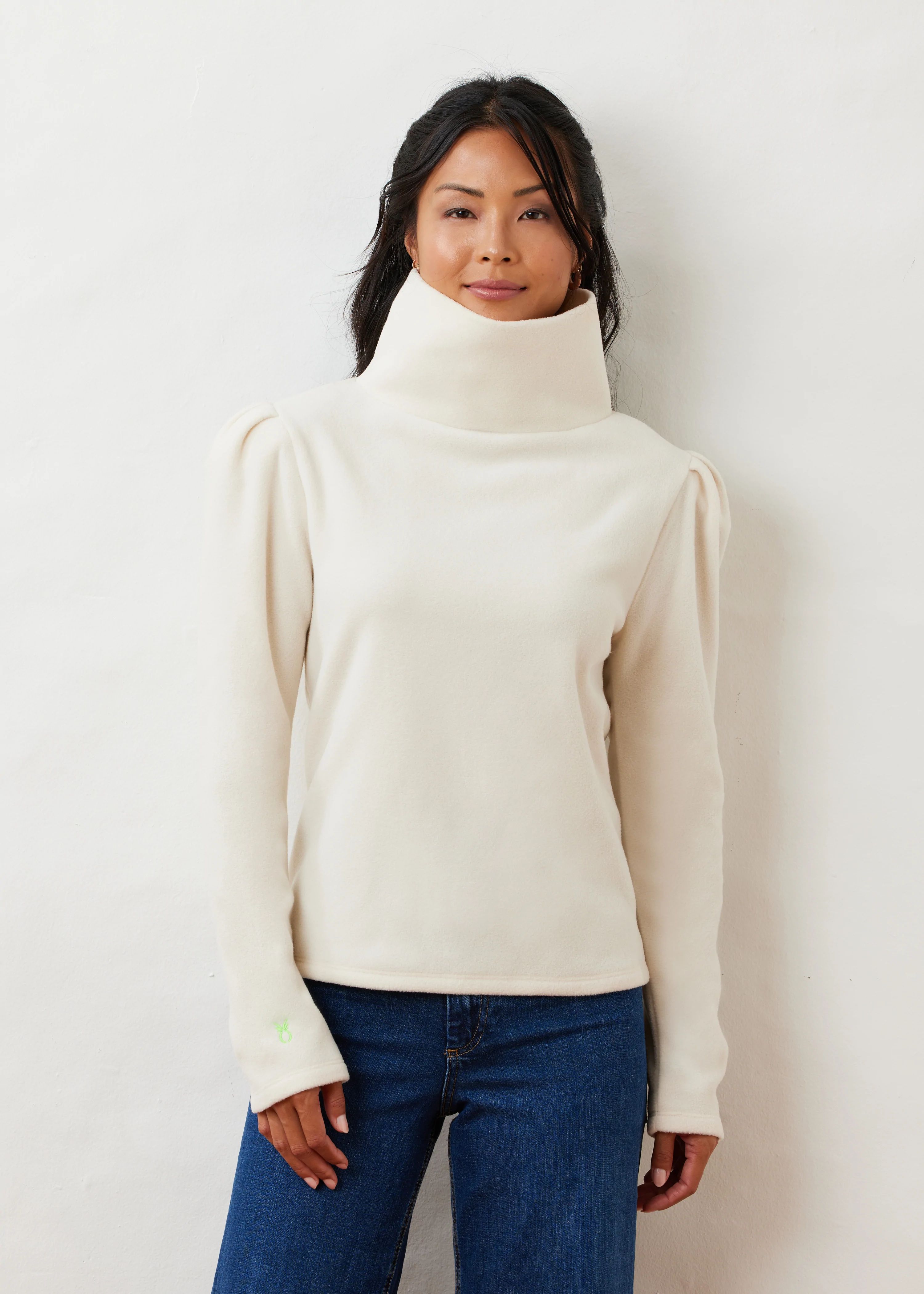 Palmer Puff Sleeve Turtleneck in Vello Fleece (Cream) | Dudley Stephens