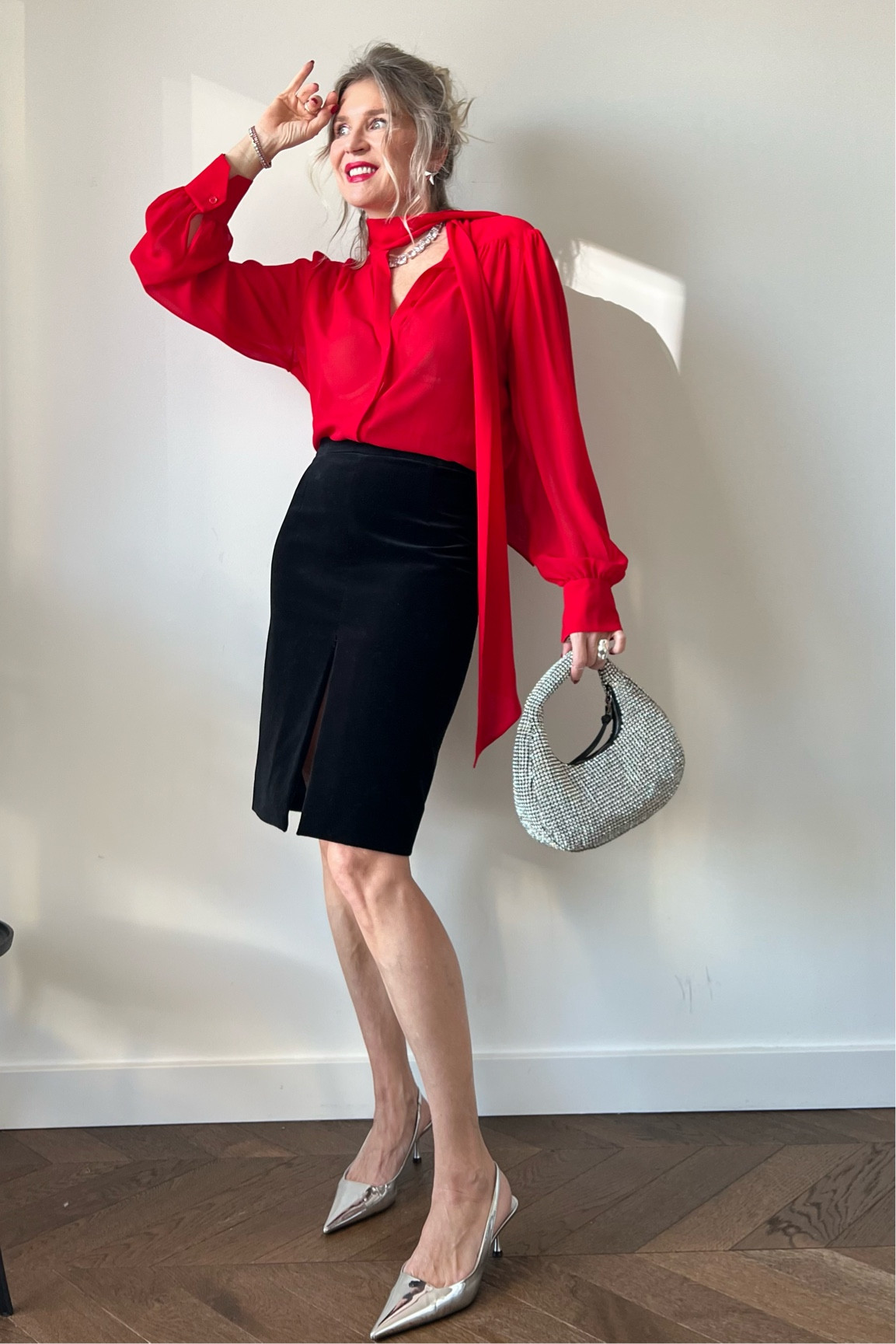 Party outfit. Red blouse, black velvet skirt fro Zara, evening bag with stones, metallic silver shoes 

#LTKSeasonal #LTKeurope #LTKstyletip