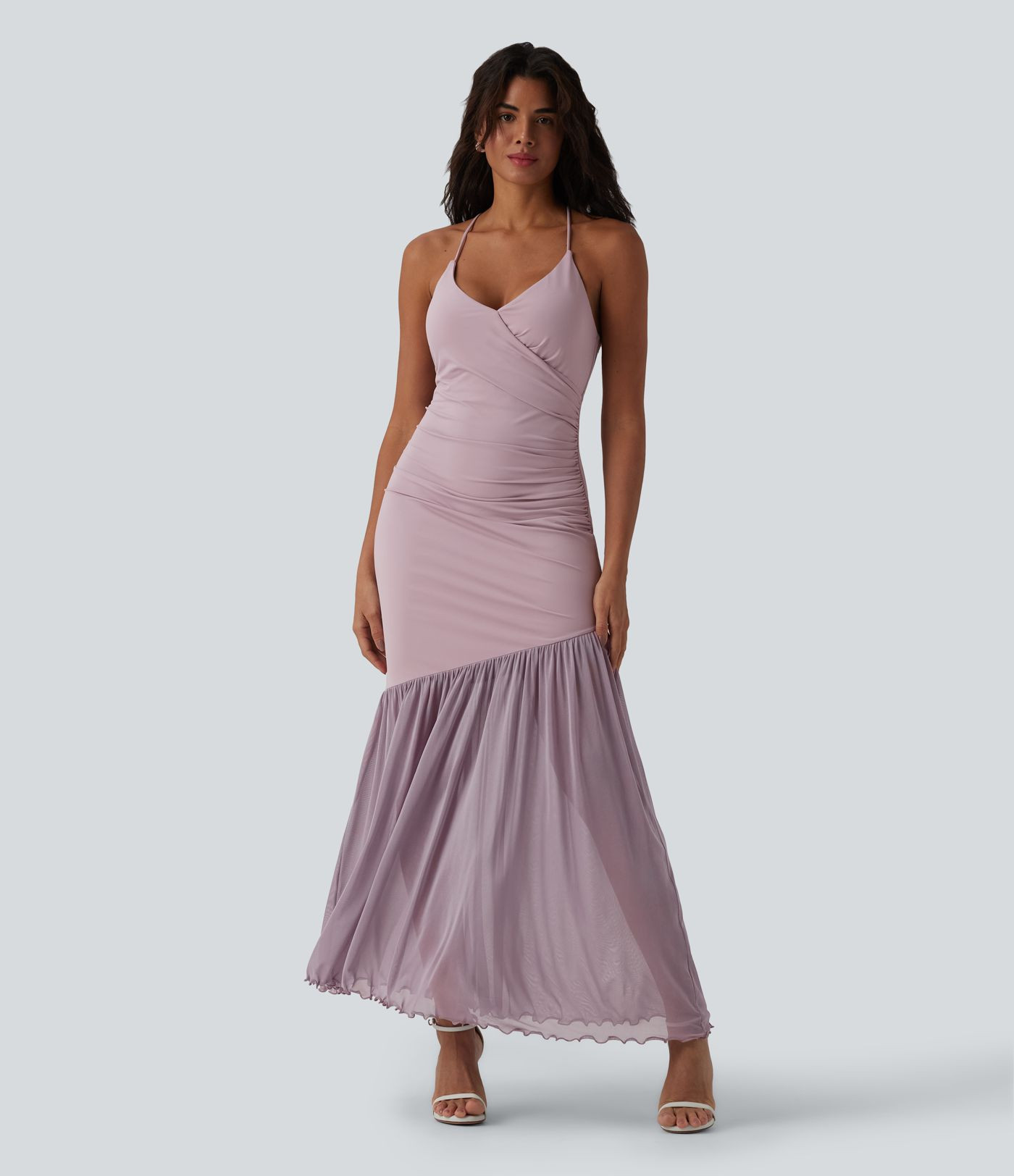 Women’s Sweetheart Neck Lace Up Contrast Mesh Flowy Maxi Slip Dress - Halara | HALARA