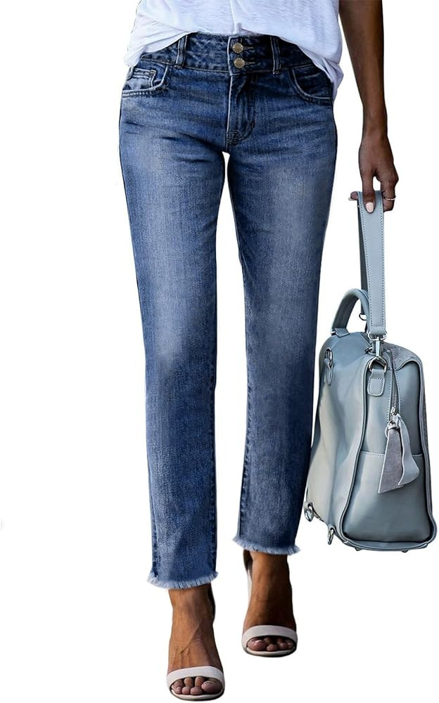 Sidefeel Women's High Waisted Raw Hem Straight Leg Jeans | Amazon (US)