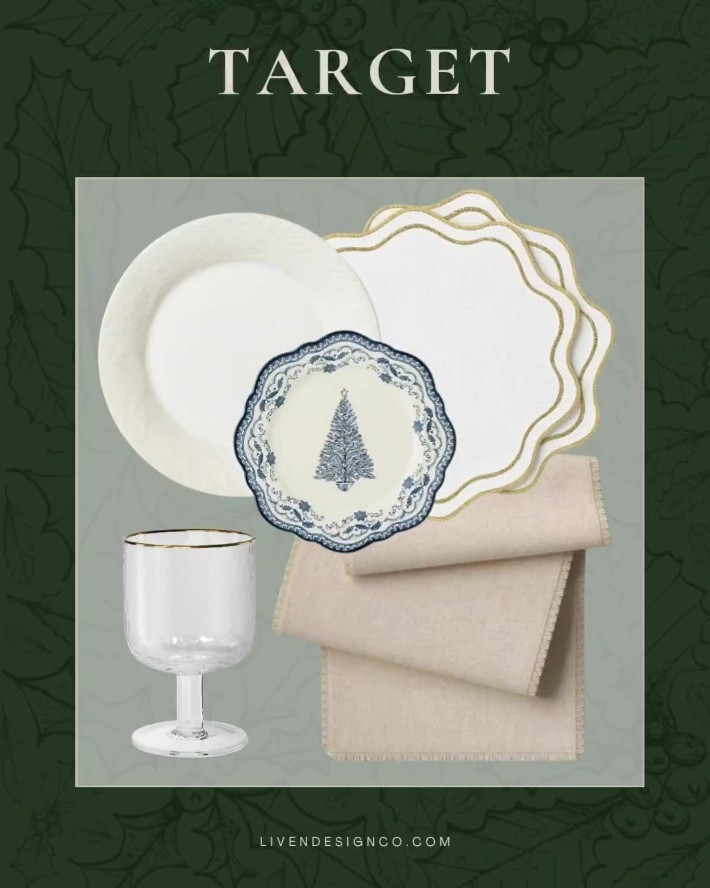 Target Christmas dining. Tablescape. Table setting. Holiday party. Christmas dinnerware. Placemats. Salad plates. Christmas cloth napkins. Wine glasses. Table runner. Gold chargers. Gold rim plates. Plaid cloth napkins. 

#LTKHoliday #LTKSeasonal #LTKHome