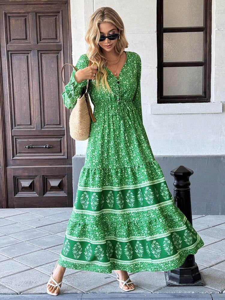 Breezaya Floral Print Knot Front Flounce Sleeve Ruffle Hem Maxi Dress For New Year Clothes | SHEIN