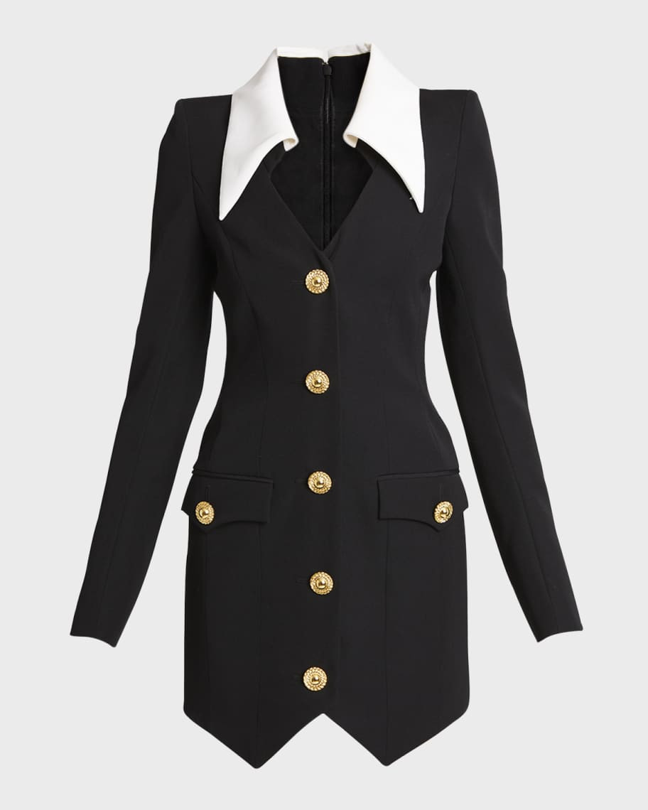 Balmain Long-Sleeve Buttoned Grain De Poudre Short Dress | Neiman Marcus