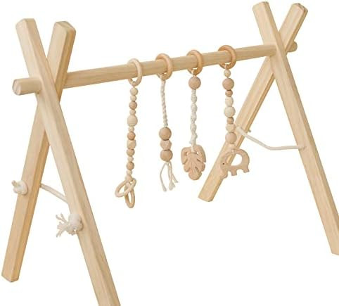 Poppyseed Play Wooden Baby Play Gym, Foldable Frame w/Hanging Bar, Tied Cotton Cord & Wooden Bead... | Amazon (US)
