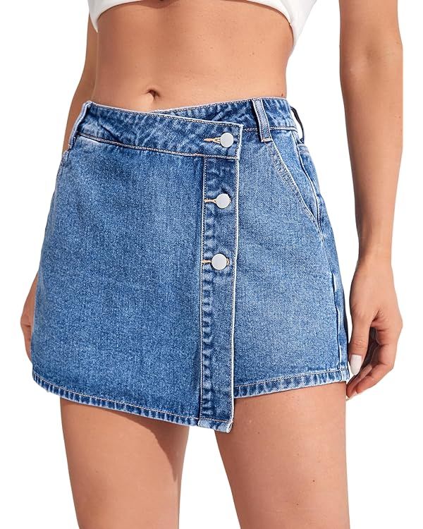 WDIRARA Women's High Waisted Button Front Denim Skort Asymmetrical Hem Skirt Shorts | Amazon (US)