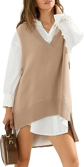 EXLURA Womens Oversized Sweater Vest Knit V Neck Tunic Casual Sleeveless Long Pullover Tank Tops ... | Amazon (US)