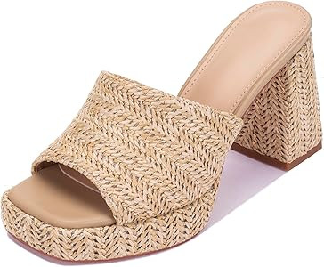 Monrovia Raffia Heeled Sandals for Women\uff0cPlatform Wedge Slip On Block Heel, Dressy Summer Op... | Amazon (US)