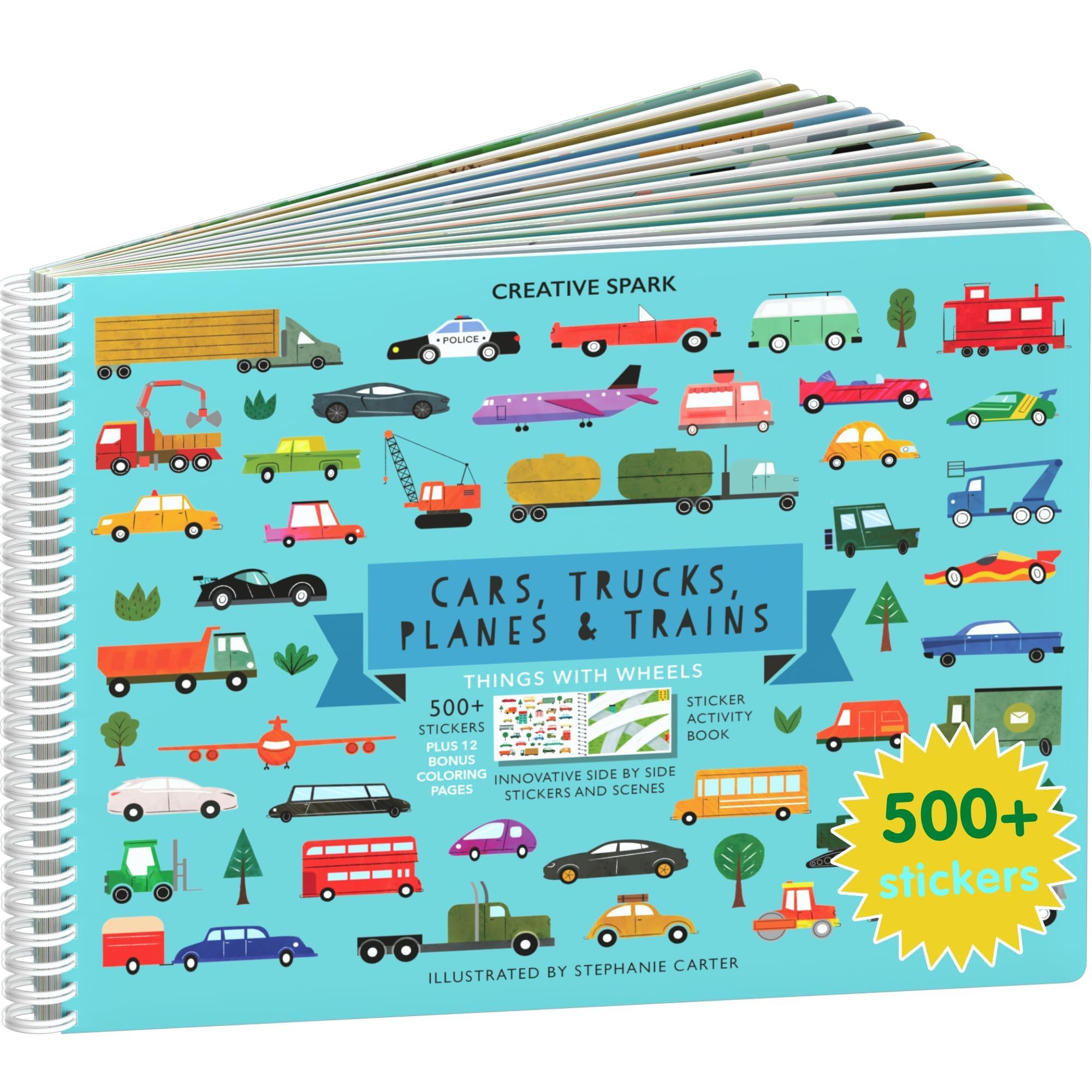CUPKIN Sticker Book for Kids 2-4, 500+ Kids Stickers, Cars, Trucks, Planes & Trains 12 Coloring P... | Amazon (US)