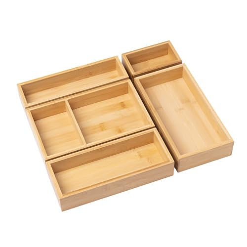 Ninebendstreams Bamboo Drawer Organizer Set Wood Storage Organizers for Kitchen, Bathroom, Office Desk, Makeup, Utensils, Jewelry （5-Piece） | Amazon (US)