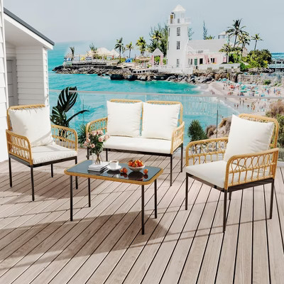 4-Piece Outdoor Patio Furniture Set with Table, Chaise Lounge & 2 Cushioned Armchairs, Rattan Balcony Set for Porch, Lawn, Poolside & Deck, Beige | Target
