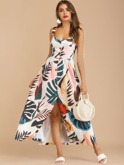 Button Through Tropical Print Maxi Dress | SHEIN