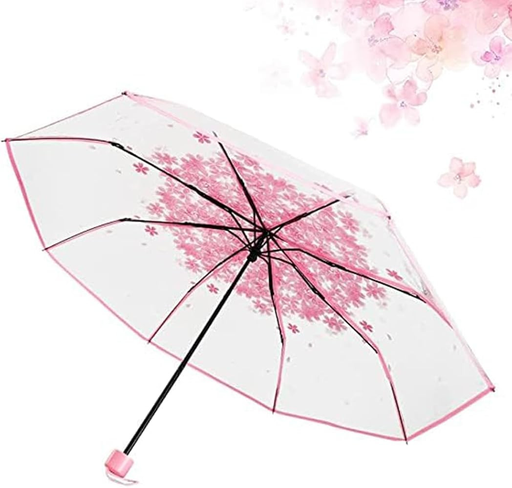 Three Fold Umbrella Women Transparent Clear Cherry Blossom Mushroom Sakura Folding Sunshade Rain ... | Amazon (US)