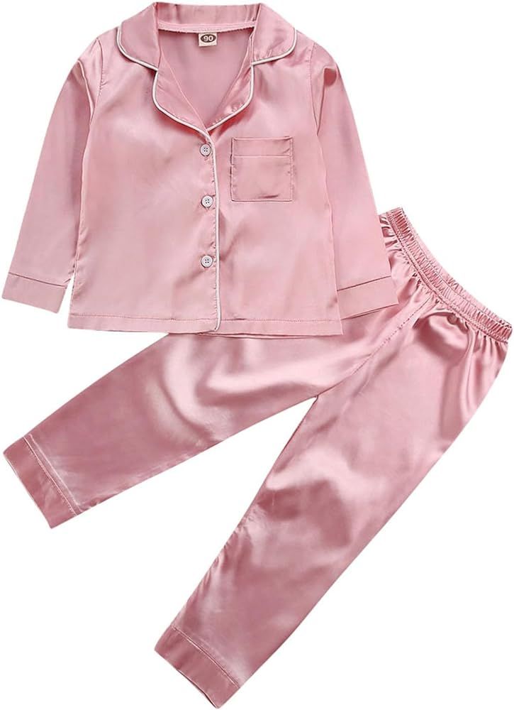 Kids Baby Girl Boy Satin Pajamas Set Button Down Sleep Shirt Top+Long Pants Bottoms Sleepwear Lou... | Amazon (US)