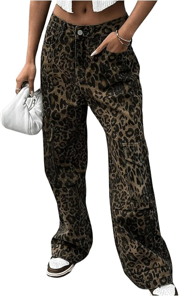 MakeMeChic Women's Leopard Print Button Front Straight Leg Trousers Pocket Y2K Cargo Pants | Amazon (US)