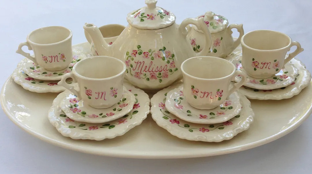 Large Ceramic Tea Set 4 Cup With Plates and Saucers - Etsy | Etsy (US)