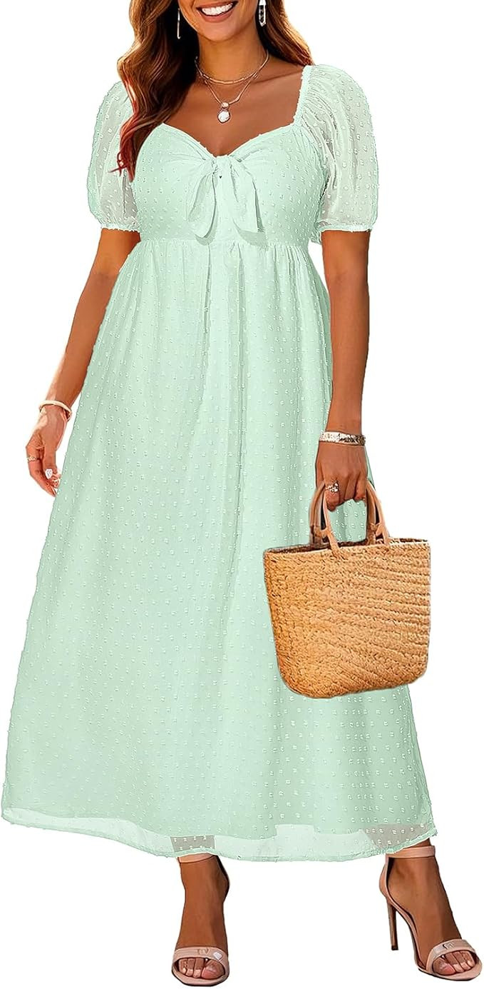 Plus Size Summer Dress - 2025 Graduation Beach Wedding Guest Tie Front Maxi Sundress | Amazon (US)