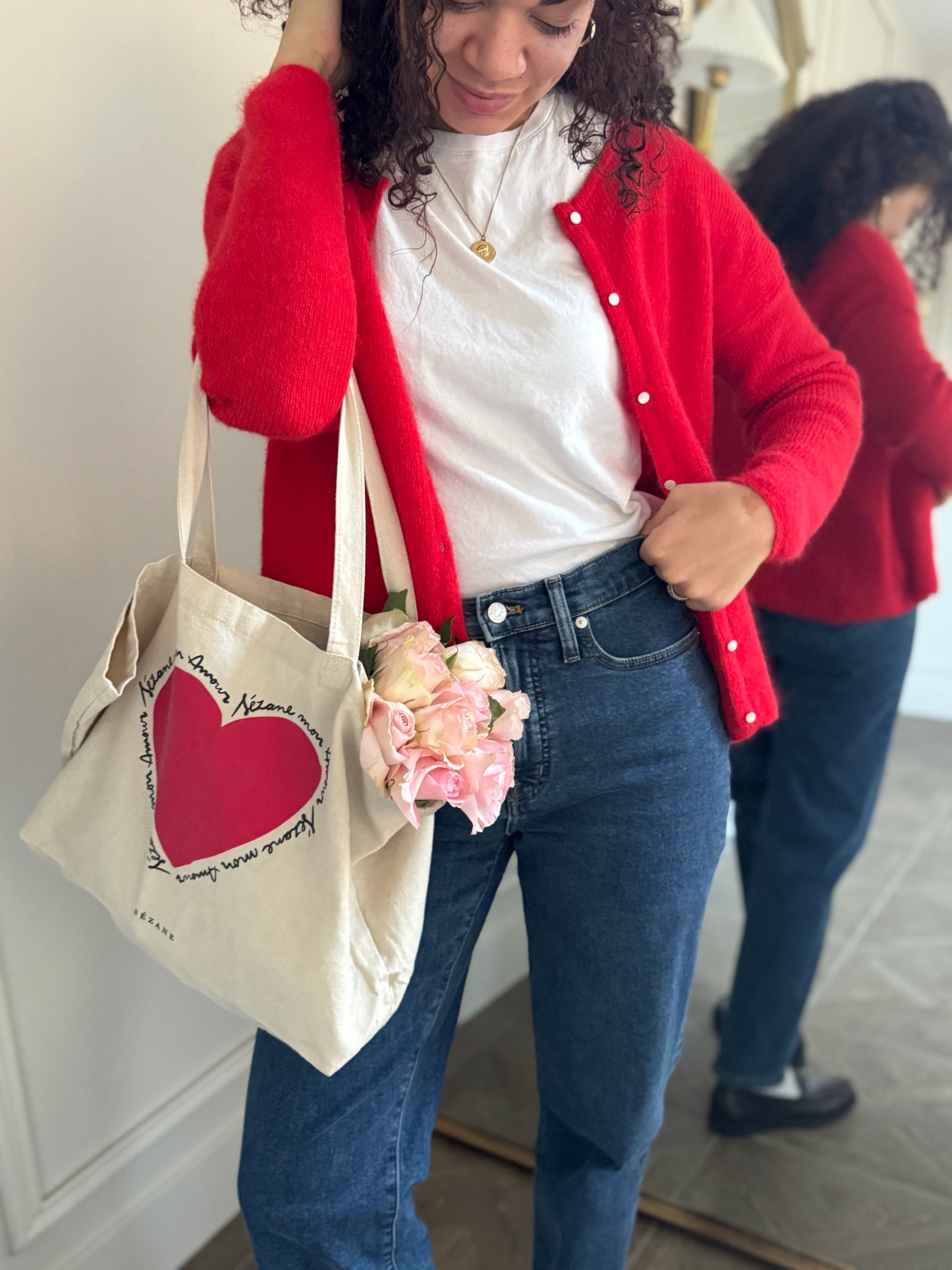 Red heart canvas tote bag and red cardigan from Sezane

#LTKootd