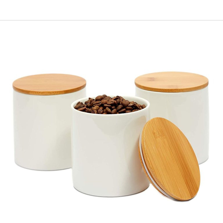 3 Pack White Ceramic Canisters with Bamboo Lids for Kitchen Counter, 3.9" x 3.7" | Walmart (US)