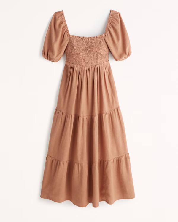 Flowy Linen-Blend Midi Dress | Abercrombie & Fitch (US)