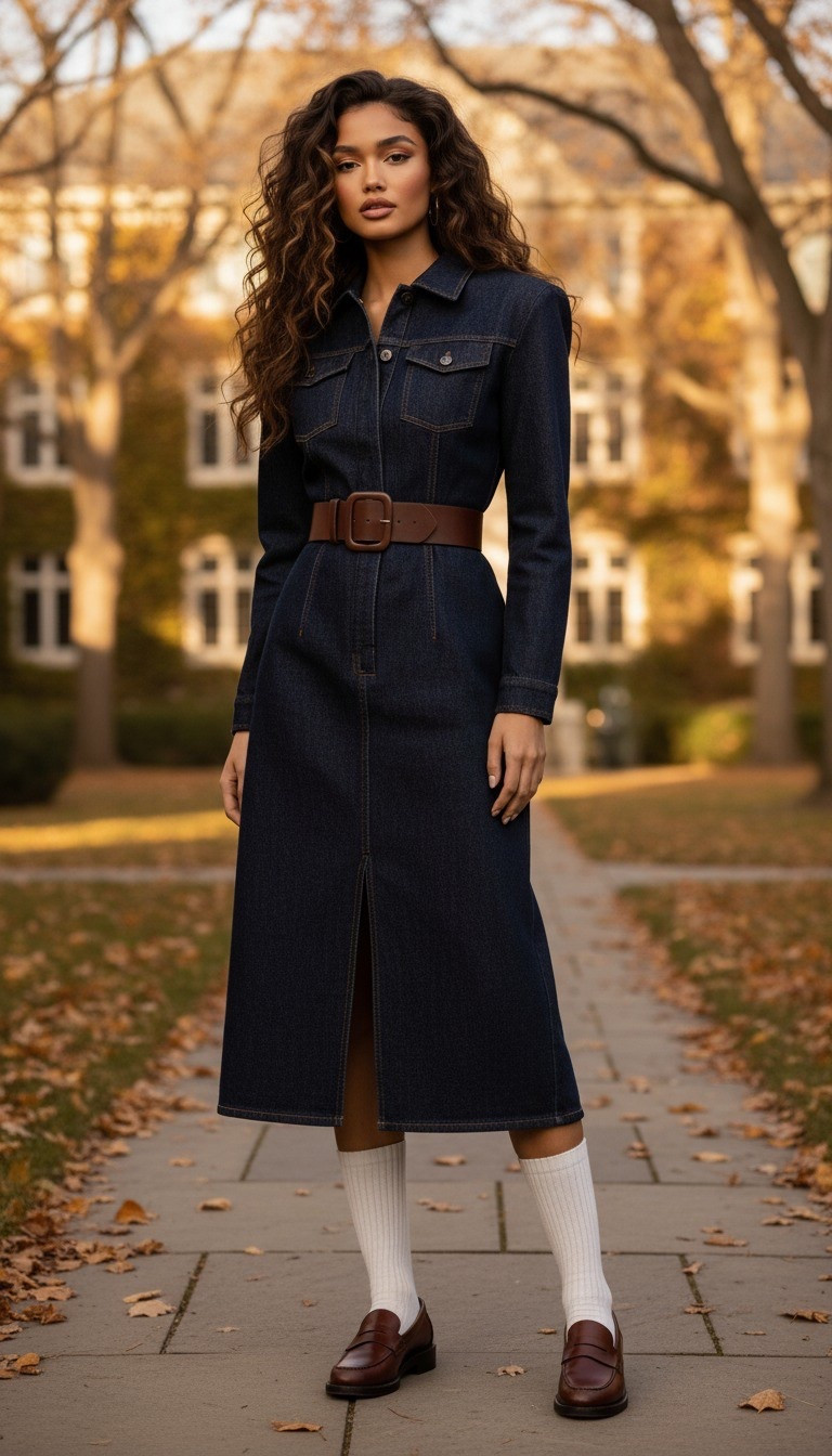 Belted denim dress fall outfit with loafers: Structured denim dress with a cinched waist, socks + loafers.
 #Denim #WhattoWear#HowtoStyle#OOTD #LTKMidSize#LTKOver40 

#CasualDenimLooks #HowToStyleJeans #StreetStyle2025 #EverydayDenim #DenimOutfitIdeas #WardrobeStaples #ChicAndCasual #ModernDenimStyle #stylebynubela #DenimOutfits #FallFashion #EarlyFallStyle #CasualFallLooks #OOTDFall
#LTKxMadewell #LTKFallSale 